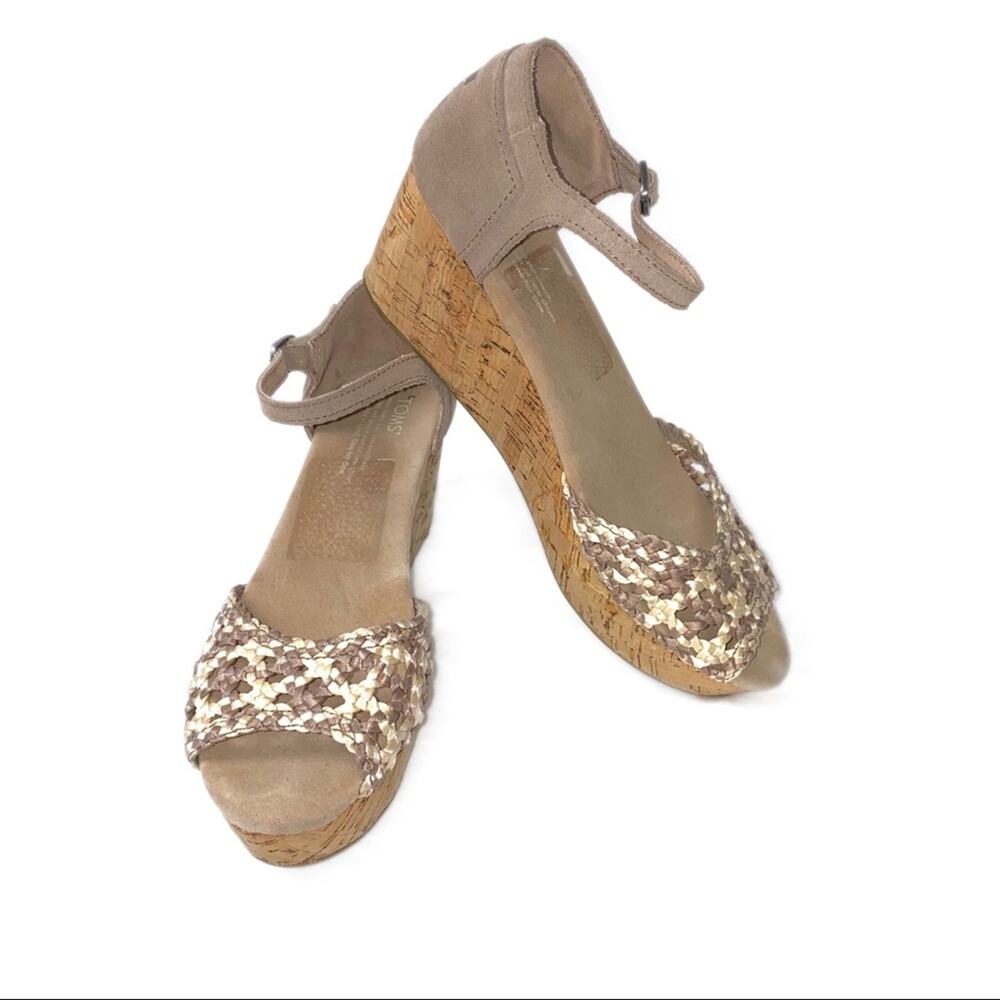 TOMS Espadrille Platform Wedges Cork Heel Tan 8 - Picture 2 of 7
